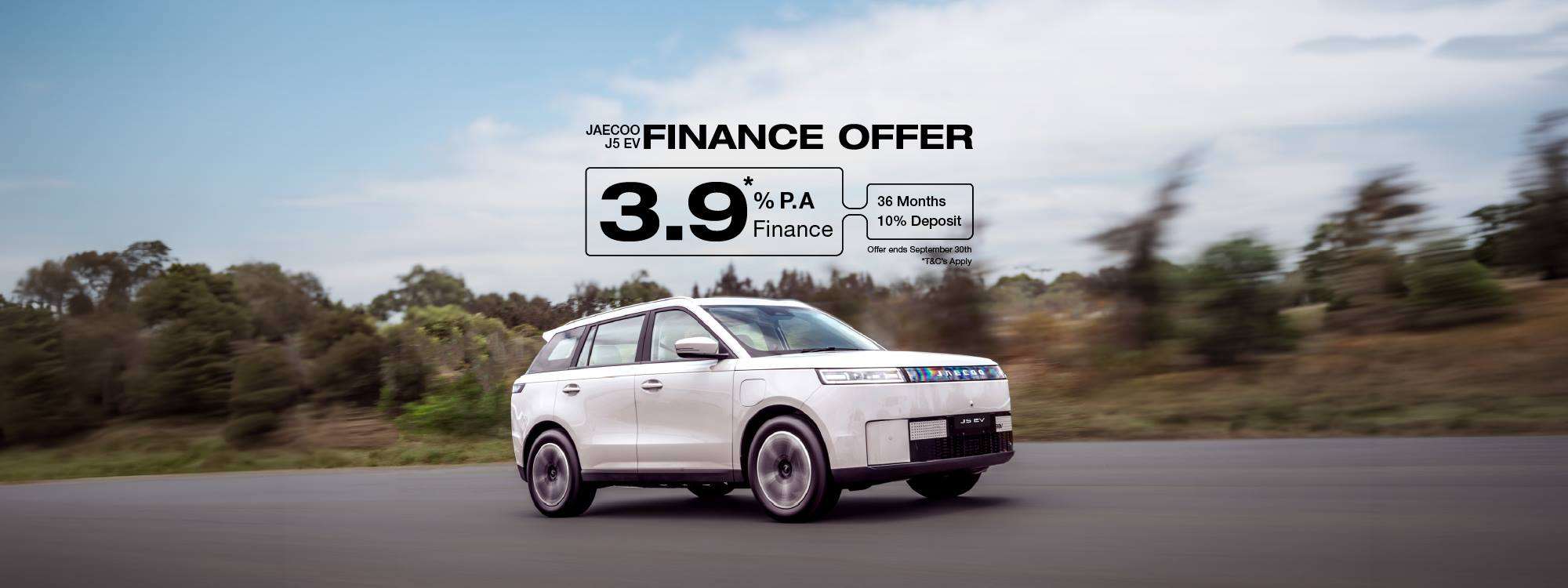 JAECOO J5 EV 3.9% per annum finance offer, 36 months, 10% deposit, ending 30 September 2026